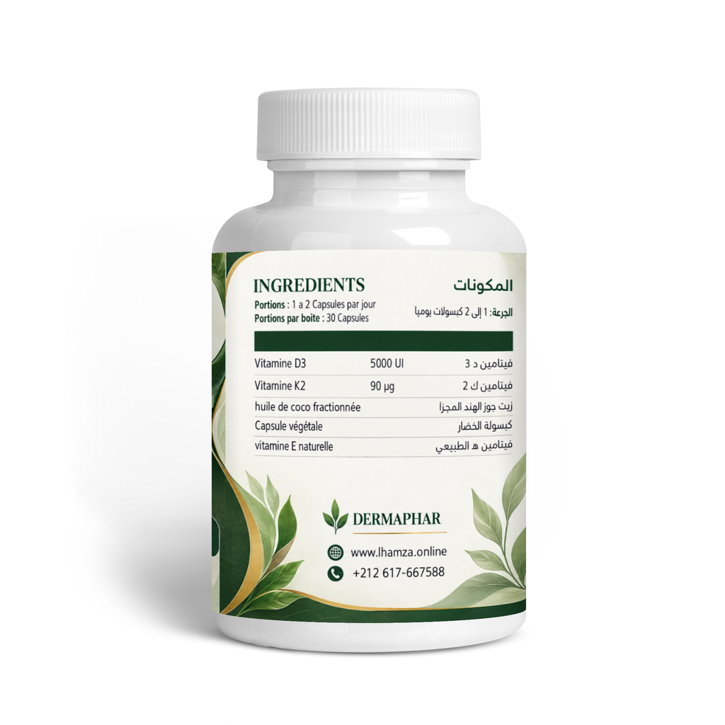 DERMAPHAR Vitamine D3+K2 — ingrédients et dosage au dos de la bouteille